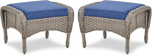 Belord Outdoor Ottomans for Patio Foot Rest - 25 Inch PE Wicker Foot Stool Set of 2 with Removable Cushions for Patio Furniture Sets,All Weather Rattan Ottoman for Balcony Deck Backyard Brown