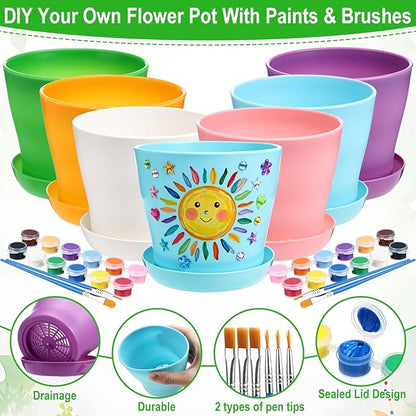 24 Set Garden Plastic Paintable Flower Pot Craft Kit 4" Starter Pots DIY Painting Party Supplies with Acrylic Paint Strips Gardening Kit for Planting Crafts Birthday Easter Spring Gift
