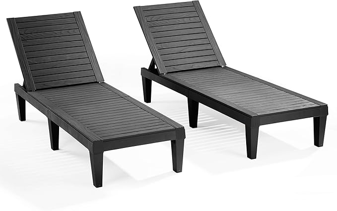 Nestl Patio Chairs - Black Chaise Lounge Chair Outdoor, 5-Position Adjustable Sun Tanning Chair, Waterproof Pool Lounge Chairs Set of 2, Reclining Lawn Chair, Lightweight Outdoor Lounge Chairs