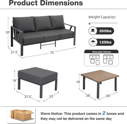 Outdoor Furniture Set, Patio Couch Sectional with Ottoman, 3 Pieces Outdoor Patio Sofa Set Deep Seating with 6" Thick Cushions, Dark Grey