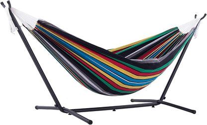 Vivere Double Cotton Hammock with Space Saving Steel Stand, Upgraded Polyester End Strings 450 lb Capacity - Premium Carry Bag Included - (Rio Night)