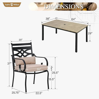Sophia & William Outdoor Patio Dining Set for 6 | Outdoor Table and Chairs | Removable Seat Cushions | 64" Metal Tabletop with Wood Texture