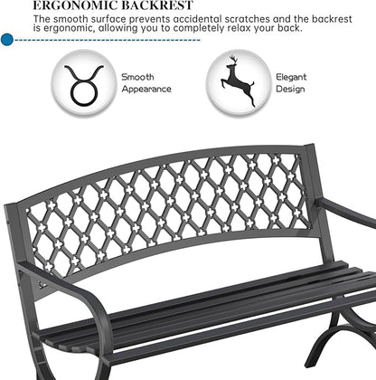On Shine 50'' Patio Garden Bench, Loveseats Patio Park Bench,Black Steel Cast Iron Frame Bench,Metal Bench Outdoor for Porch Yard Lawn Deck (Grid)