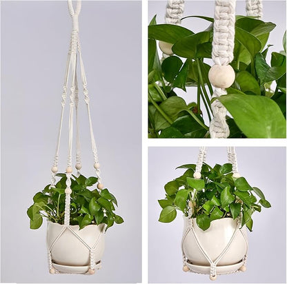 Macrame Plant Hanger Set of 2, 35 Inch Indoor Hanging Planter with 4 Hooks, Macrame Plant Hangers for Pots, No Tassels Boho Home Decor, Ivory (Pots Not Included)