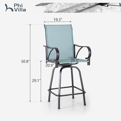 PHI VILLA Outdoor Bar Stools Set of 2, Swivel Patio Bar Stools & Chairs with Armrest, All-Weather High Top Outdoor Bar Chairs for Outside, Porch and Deck