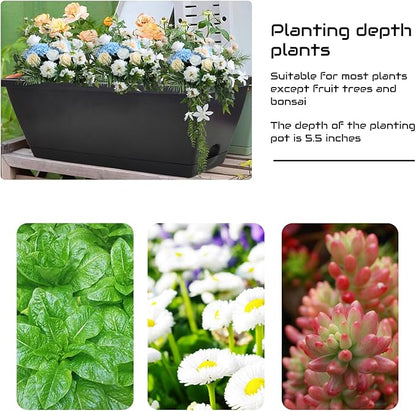 QPEY Window Box Planter, 10 Pack 17 Inch Plastic Flower Box with Tray Rectangular Planters for Outdoor Indoor Plants Garden Home Decor (Black)