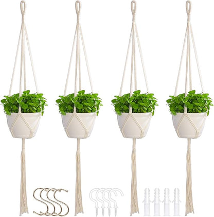 Macrame Plant Hangers Indoor Macrame,4 Pack Hanging Planter Holder for Window,Ceiling Crochet Handmade Boho Home Decor Set for Hanging Plants Basket Pot,Ivory