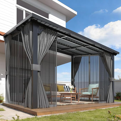 AECOJOY 12'x8' Outdoor Hardtop Gazebo Pergola with Curtains and Netting for Patio, Large 8x12 Steel Heavy Duty Lean to Wall-Mounted Pergolas and Grill Gazebos Clearance, Metal Roof Awnings for Decks
