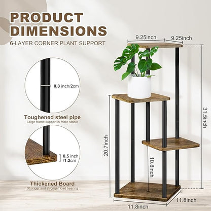 4 Tier Plant Stand Indoor, Thickened Metal Wood Corner Plant Shelf Stands for Multiple Plants, Indoor Tall Plants Stand Tiered Flower Holder for Living Room Patio Garden Balcony(Black+Brown)