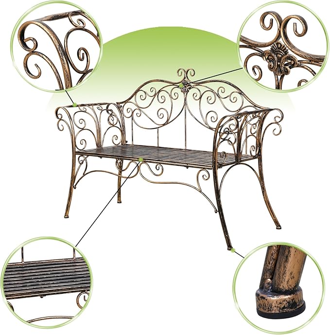HLC Garden Bench Metal Outdoor Benchs for Front Porch Patio Park Yard 2 Seats Bench with Backrest and Armrests (Antique Bronze)