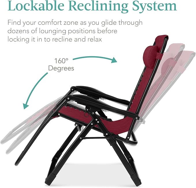 Zero Gravity Recliner, Burgundy with Removable Cushion and Side Tray