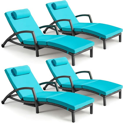 Chaise Lounge Chairs Outdoor Set of 4, Comfy Outside Wicker Patio Pool Lounge Chair w/ 5 Adjustable Back Angle, Cup Holder, Thicken Cushion