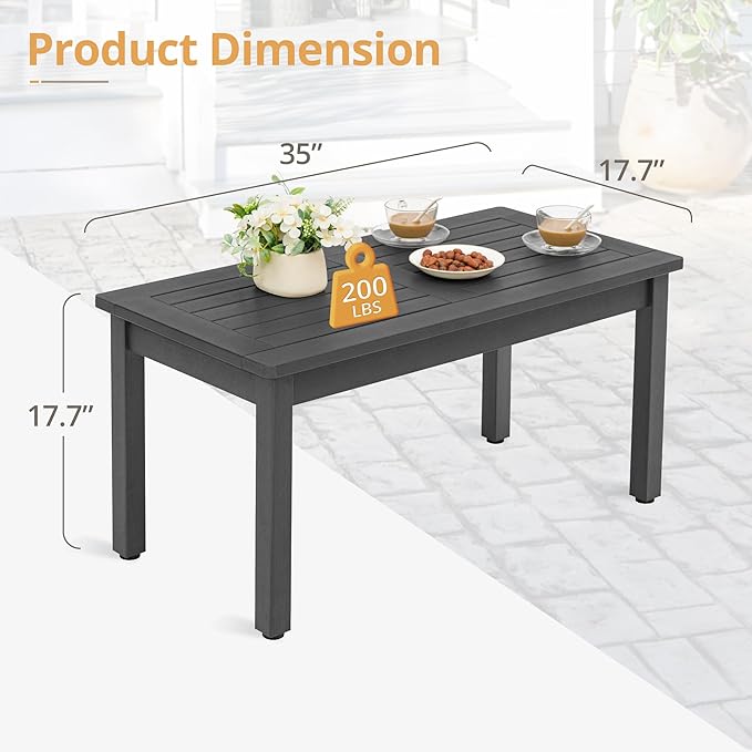 LUE BONA Outdoor Coffee Table Rectangle, HDPS Patio Coffee Tables for Outside, All Weather Patio Coffee Table with Slatted Tabletop for Deck, Garden, Balcony, Indoor or Outdoor Use, Dark Gray