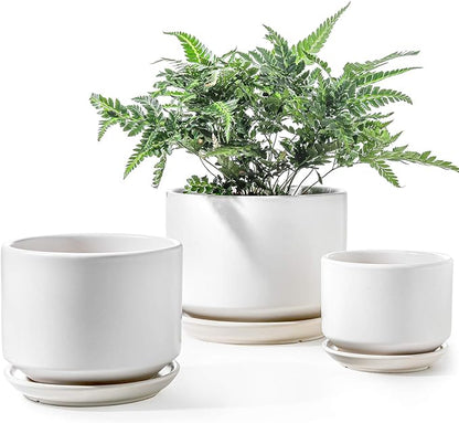 LE TAUCI Ceramic Plant Pots, 4.3+5.3+6.8 inch, Set of 3, Planters with Drainage Hole and Saucer, Indoor Flower Pot with Hole Mesh Pad, Gifts for Mom, White