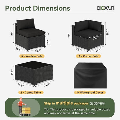 Aoxun 10 Piece Patio Furniture Set Wicker Rattan Patio Sectional Sofa Set Outdoor Seating Furniture with Thickened Cushion, Black
