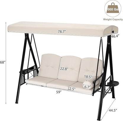 U-MAX 3-Seat Outdoor Patio Swing Chair, Swing Glider with Canopy Porch Swing, Weather Resistant Steel Frame Cup Holders Cushions, Adjustable Tilt Canopy, Beige