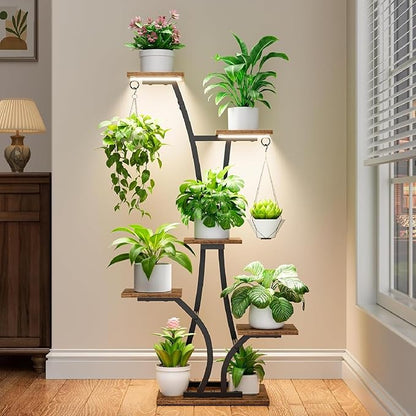 Plant Stand with Grow Light for Indoor Plants, 6 Tiered Metal Plant Shelf, 45" Indoor Plant Rack with 7 Shelves and 2 Hooks, Modern Corner Plant Holder for Living Room Balcony Bedroom, Black
