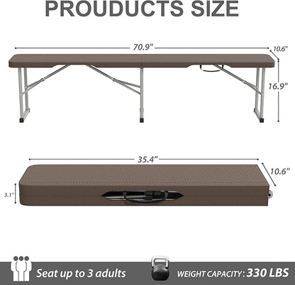 6ft Plastic Folding Bench with Carrying Handle & Lock, Portable Outdoor Bench in Garden Picnic Camping Dining Party Seat, Waterproof Bench for Soccer Activities, Ratten Patterned(2 Pack)