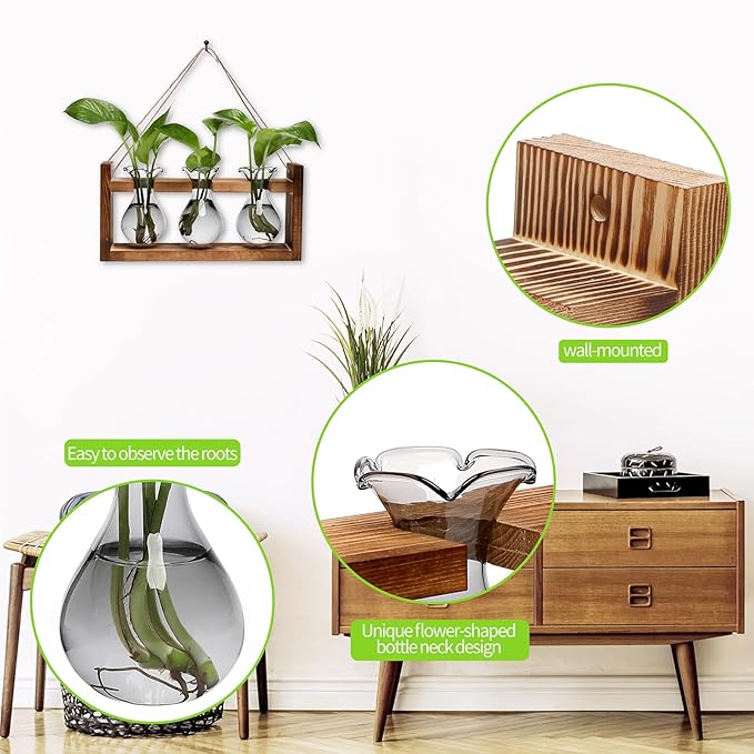 Terrarium Propagation Station with 3 Gray Glass Bulbs and Wooden Stand