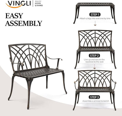 VINGLI 38" Outdoor Metal Bench, Cast Aluminium Garden Bench, Weatherproof Antique Finish Orchid Chair, 1-2 Person Seat Deck Furniture for Porch Entryway Patio (Brown)