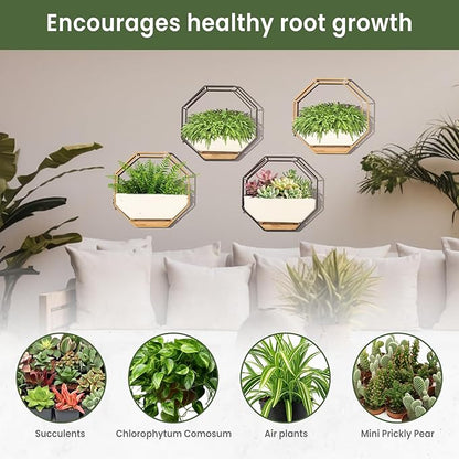 IRYL Wall Planter for Indoor Plants - Ceramic Wall Hanging Planter Set with Bamboo Tray & Hooks - Decorative Wall Plant Holder - Modern Wall Planters for Vertical Garden Home Decor - Golden
