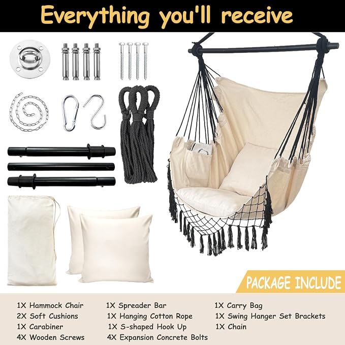 Hammock Chair, Beige Polycotton Hanging Rope Swing with 450 lb Capacity