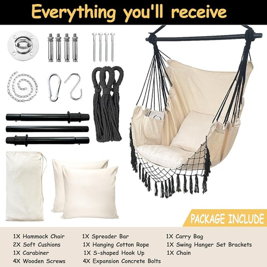 Hammock Chair, Beige Polycotton Hanging Rope Swing with 450 lb Capacity