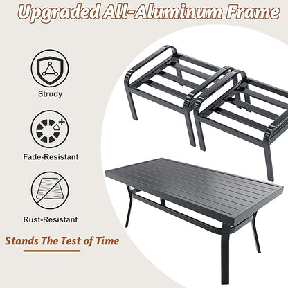 HOMREST Metal Outdoor Ottoman, 3-Piece Aluminum Footstool w/Removable Cushion, Multipurpose Footrest Stool with Coffee Side Table Additional Seating, Set of 3 Outdoor Ottomans for Patio Deck (Beige)