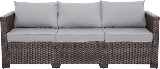 Rattaner Patio Furniture 3 Seat Sofa Outdoor Furniture Outdoor Couch Deep Seat High Backrest with Waterproof Cover Anti-Slip Cushions with Waterproof Cover, Light Grey