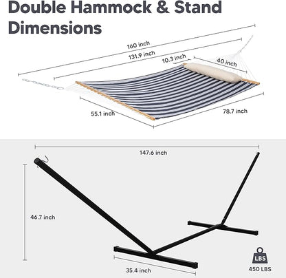 SUNCREAT Double Hammock with Stand Included, Outdoor Portable Hammock with Stand, Blue