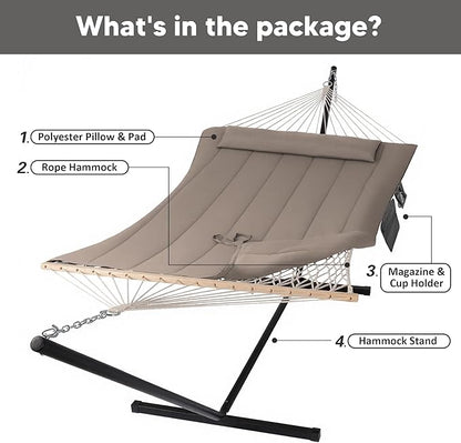 SUNCREAT Hammocks Two Person Hammock with 12ft Stand Included, Max 475lbs Capacity, Heavy Duty Free Standing Hammock, Coffee