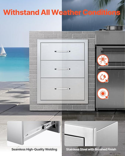 VEVOR Outdoor Kitchen Drawers 18.11" W x 23.23" D x 23.23" H, Triple-Access Stainless Steel BBQ Drawers with Handles, BBQ Island Drawer for Outdoor Kitchens or Barbeque Island Patio Grill Station