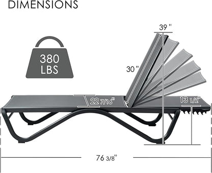 Kozyard Outdoor Chaise Lounge Chair, Full Flat Adjustable Patio Lounger with Aluminum Frame & Resin Legs, Textilene Fabric for Poolside, Backyard & Beach (Gray, 2Chairs)