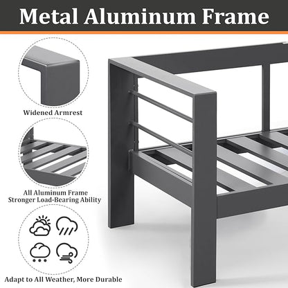 Kiss the Water Outdoor Patio Metal Furniture Chair, 2 PCS All-Weather Aluminum Outdoor Sofa with 5" Thick Soft Cushion and Wide Arm, Deep Seating Patio Couch for Balcony, Porch, Backyard
