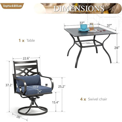 Sophia and William Swivel Outdoor Patio Dining Set for 4, Outdoor Table and Chairs, Removable Seat Cushions, Black 37" Patio Dining Table,Blue