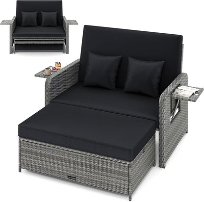 HAPPYGRILL Patio Rattan Wicker Daybed with Loveseat & Storage Ottoman, Outdoor Lounge Sofa Furniture Set with Adjustable Backrest & Side Trays, for Poolside Deck Porch Lawn (Mix Grey & Black)