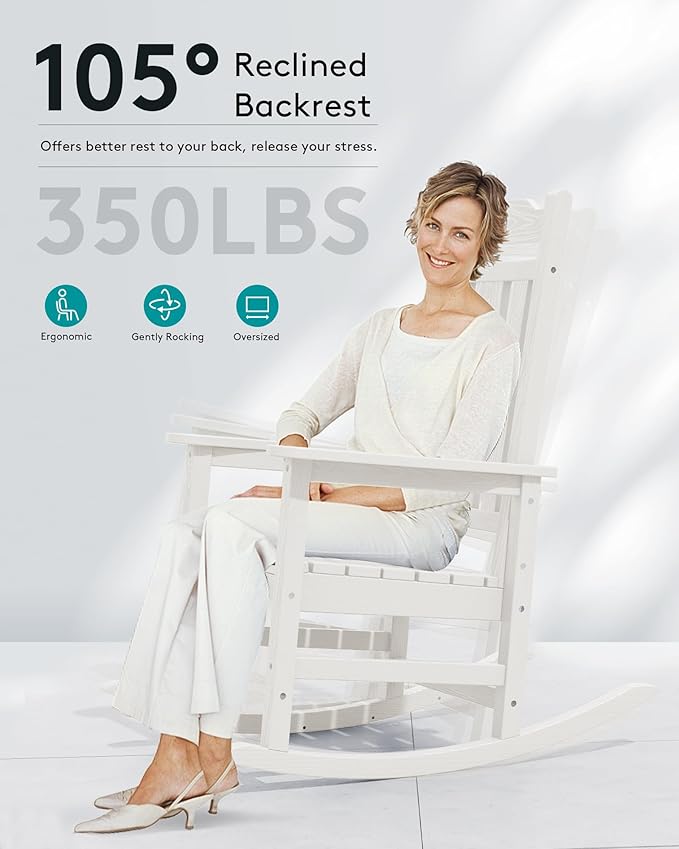 Oversized Outdoor Rocking Chair in White, HDPE, Holds 350 lbs
