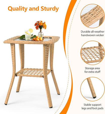 VINGLI Outdoor Side Table with Storage Wicker Patio Side Table, Tempered Glass Top End Table for Balcony Porch Deck (Beige)