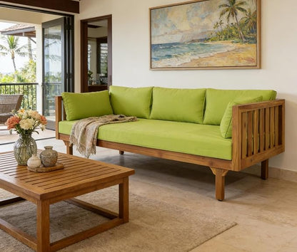 Merax Solid Acacia Wood Couch Chaise Lounge Chair Indoor, 3 Seater Daybed Sofa Couches with Cushions & Pillow, Heavy Frame Day Bed for Living Room, Office, Outdoor, Balcony, Patio, Water Resistant