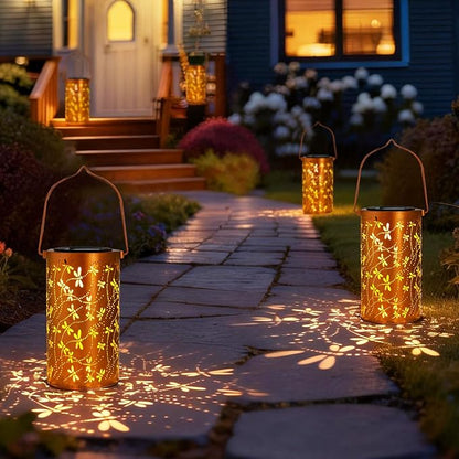 2 Pack Solar Lanterns Outdoor Hanging Lantern Lights, Dragonfly Hollowed-Out Metal Decor Lantern, Waterproof LED Decorative Garden Light - Delicate Garden Decoration for Patio, Yard