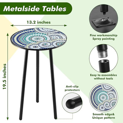 1 Pack Metal Outdoor Side Table Small Outside Round End Table for Patio Modern Accent Garden Corner Table for Small Spaces, Balcony, Porch, Weather-Resistant, Plant Stand Indoor, Round Mosaic
