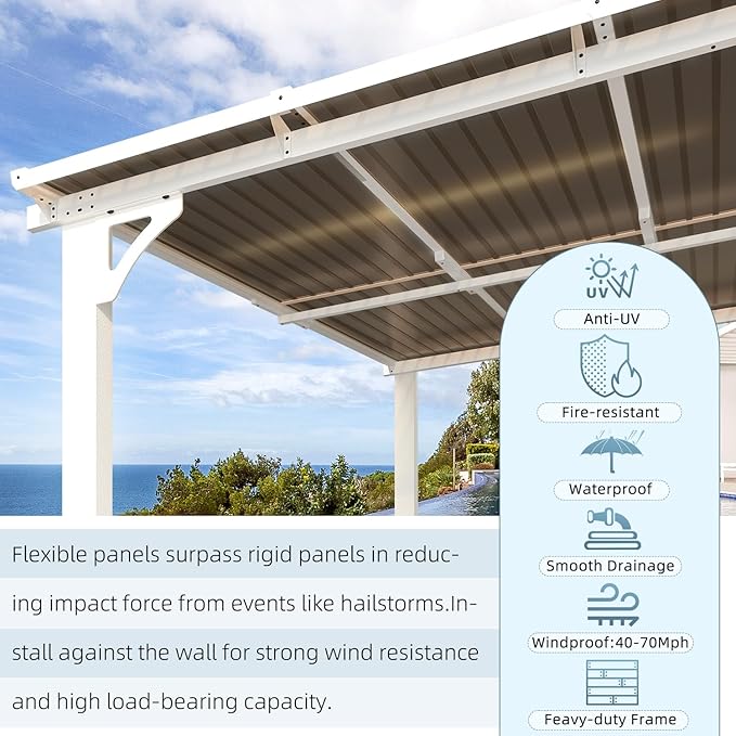 AECOJOY 20' x 8' White Outdoor Gazebo for Patio, Large Wall-Mounted Hard Top 8x20 Lean to Metal Gazebo Shelter Pergolas and Gazebos Clearance with Patio Roof, Heavy Duty Awnings for Patio, Decks