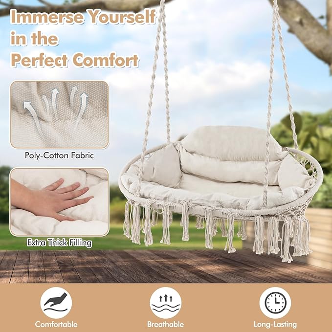 Tangkula 2-Person Hanging Hammock Chair, Boho Style Macrame Hammock Swing with Soft Cushions, Tassels, Indoor Outdoor Cotton Rope Hanging Swing Chair for Bedroom, Porch, Balcony