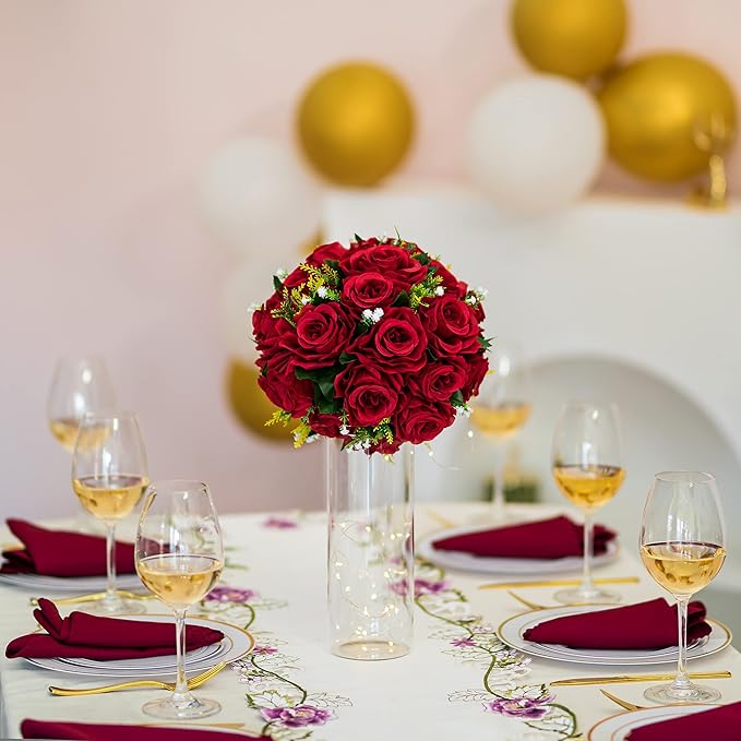 Artificial Flower Ball Centerpieces, Crimson Faux Silk Roses, 9.5 Inch