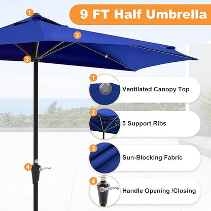 OLIXIS Half 9Ft Umbrella Outdoor Patio, Scalloped Patio Umbrella with Easy Crank, Sun Half Patio Umbrella for Balcony, Market, Garden, Blue