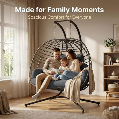 SWITTE Double Egg Swing Chair with Stand, Outdoor Patio 2 Person Hanging Wicker Hammock Chairs with Cushion for Indoor Bedroom, Lawn, Garden-Dark Grey