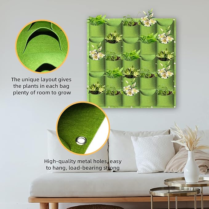LITLANDSTAR Planter, 25 Pockets Hanging Vertical Wall Bag, Green (1.0 m × 1.0 m), Indoor-Outdoor Use