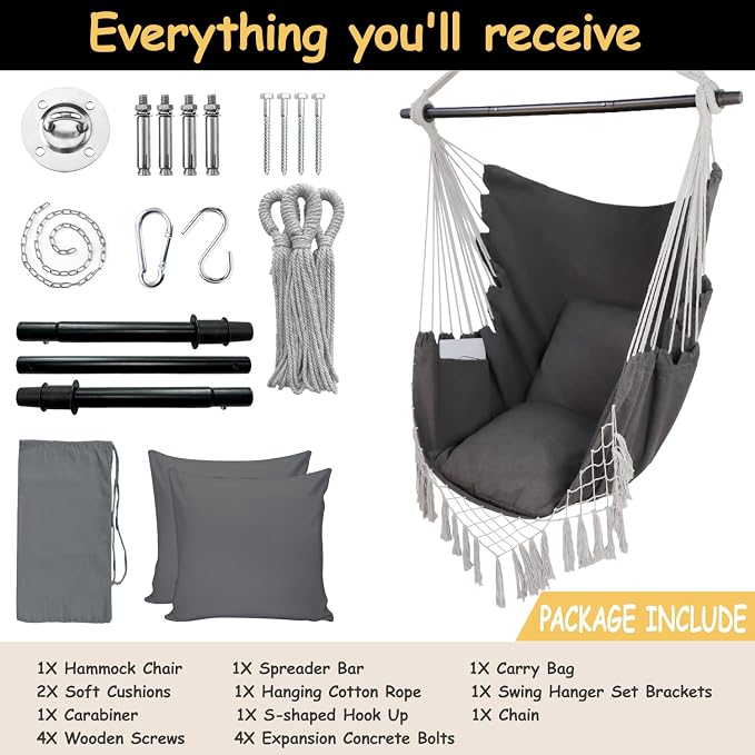 Hammock Chair in Dark Grey Polycotton with 450 lb Max Capacity