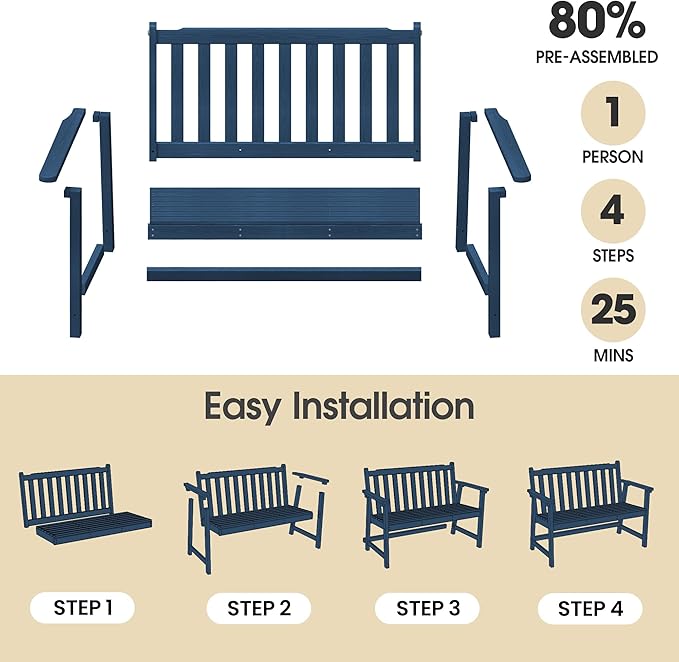 Ciokea 48" Outdoor Bench, HDPE Weatherproof Porch Bench, 2-Person Garden Benches with 550 Lbs, Waterproof Patio Benches for Outside Balcony Deck Backyard, Navy Blue