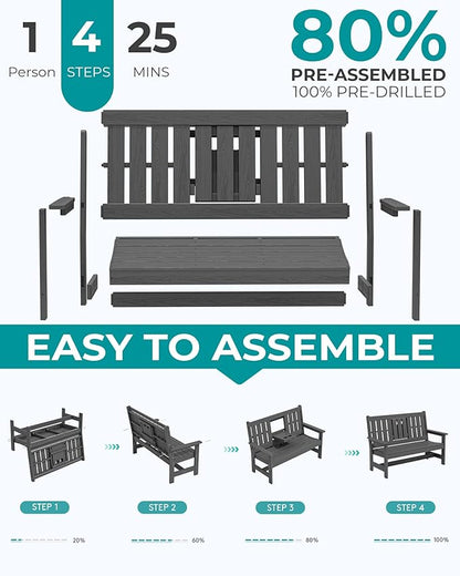 SERWALL Outdoor Bench with Cup Holder, 58" HDPE Garden Park Bench Suitable for 3 Person, All Weather Patio Benches with High Backrest and Wide Armrests for Garden, Park, Yard, Front Porch, Grey